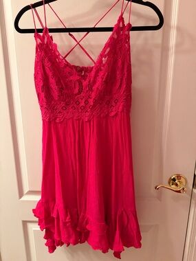 Free People Hot Pink Lace-Trim Spaghetti Strap Chemise